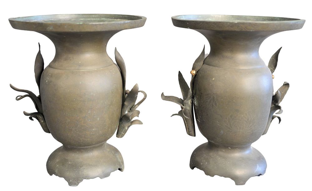 Appraisal: Pair of Bronze Asian Urns having floral handles with overall