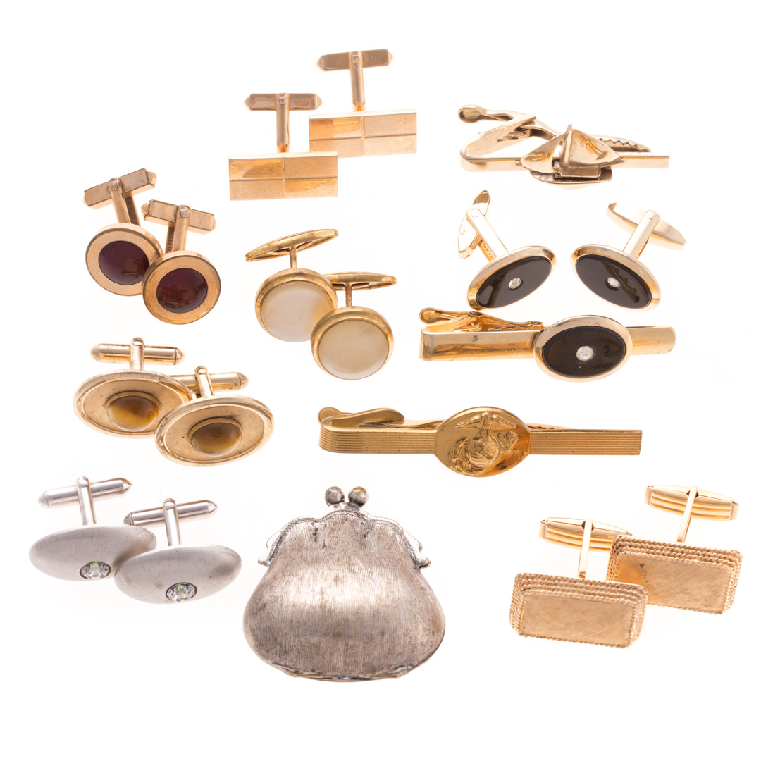 Appraisal: A Collection of Cufflinks and Tie bars K yellow gold