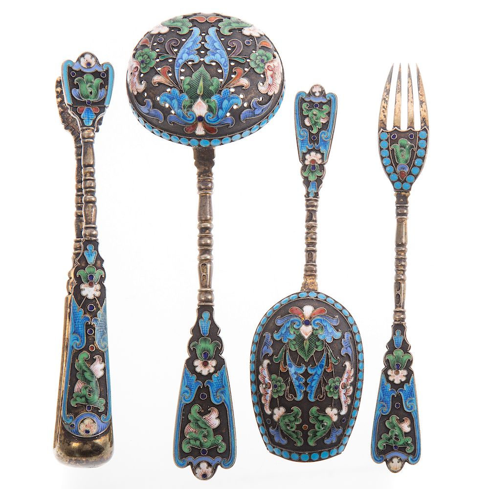 Appraisal: Russian cloisonne enameled silver gilt -pc set St Petersburg late