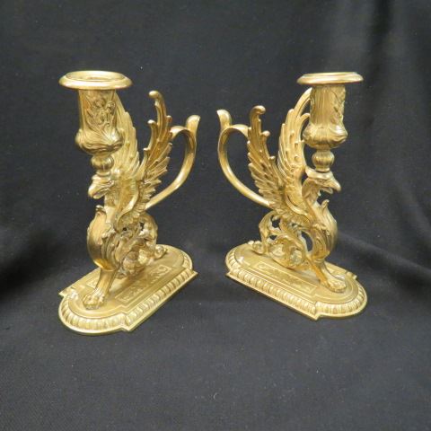 Appraisal: Pair of Victorian Brass Figural Chambersticks gryphon decor