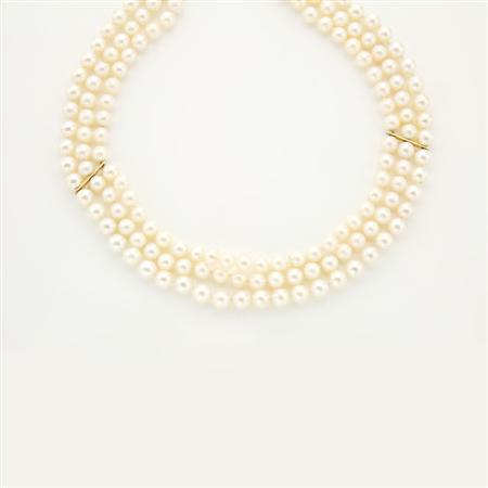 Appraisal: Triple Strand Cultured Pearl Necklace with Gold Clasp Estimate -