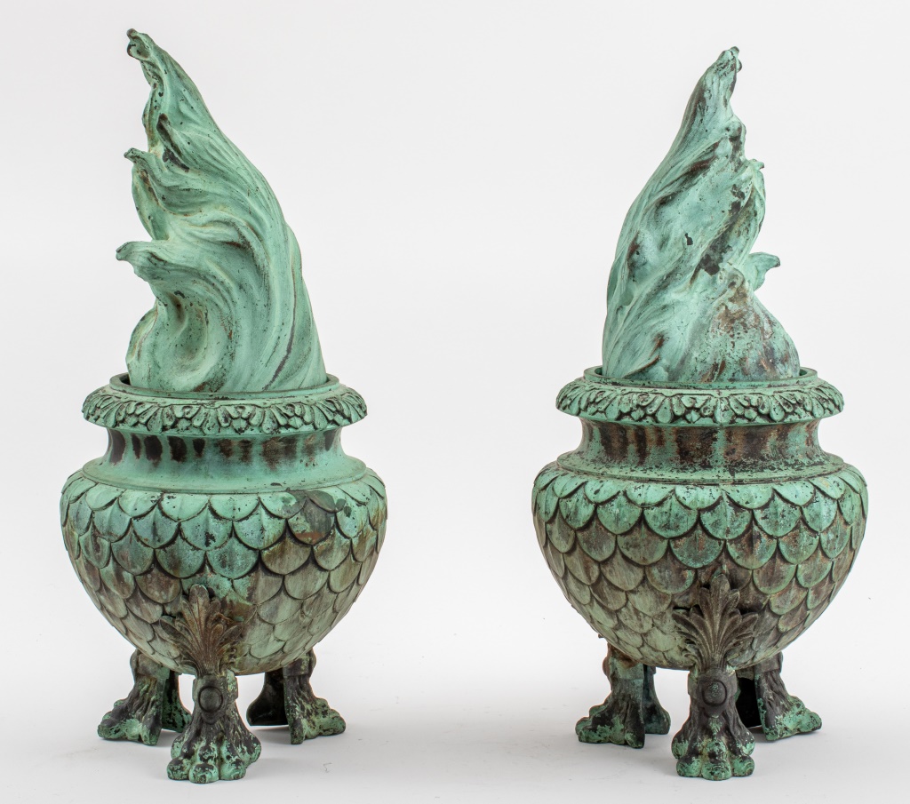 Appraisal: GRAND TOUR BRONZE FLAMBEAUX TRIPOD URNS PAIR Pair of French