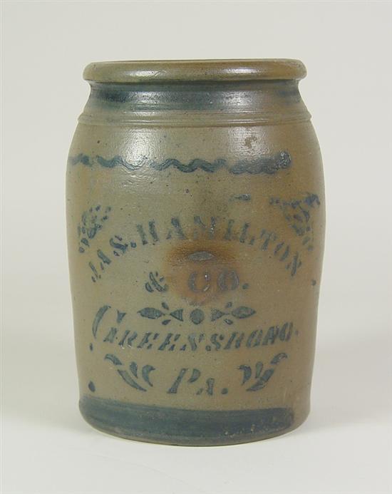 Appraisal: Salt Glazed Crock with Cobalt Decoration Circa Marked Jas Hamilton