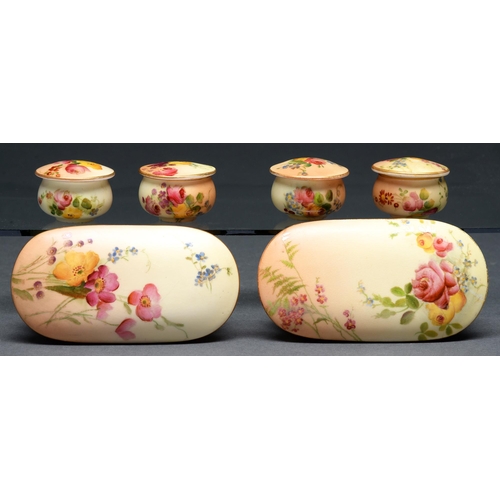 Appraisal: Four Royal Worcester miniature pots and covers and a pair