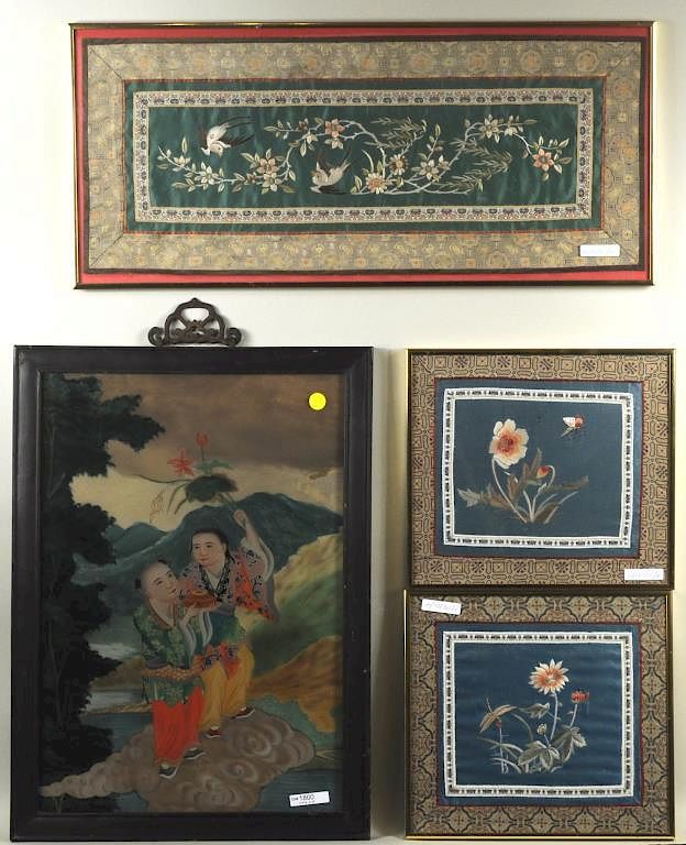 Appraisal: Chinese Reverse Glass Painting Three Textiles Chinese reverse glass painting