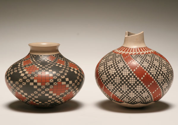 Appraisal: Two Mata Ortiz Casas Grandes polychrome pottery olla wither checkered