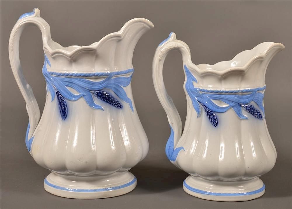 Appraisal: Blue Wheat Pattern Ironstone China Pitchers Two Blue Wheat Pattern