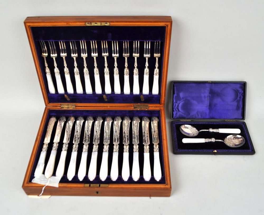 Appraisal: Two Cased English MOP Silver Plated Cutlery Sets comprising a