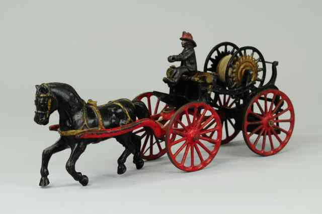 Appraisal: HOSE REEL Ives c cast iron black hose wagon pulled