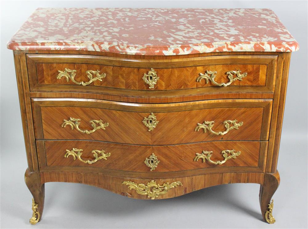 Appraisal: LOUIS XV STYLE ORMOLU MOUNTED TULIPWOOD AND KINGWOOD COMMODE th