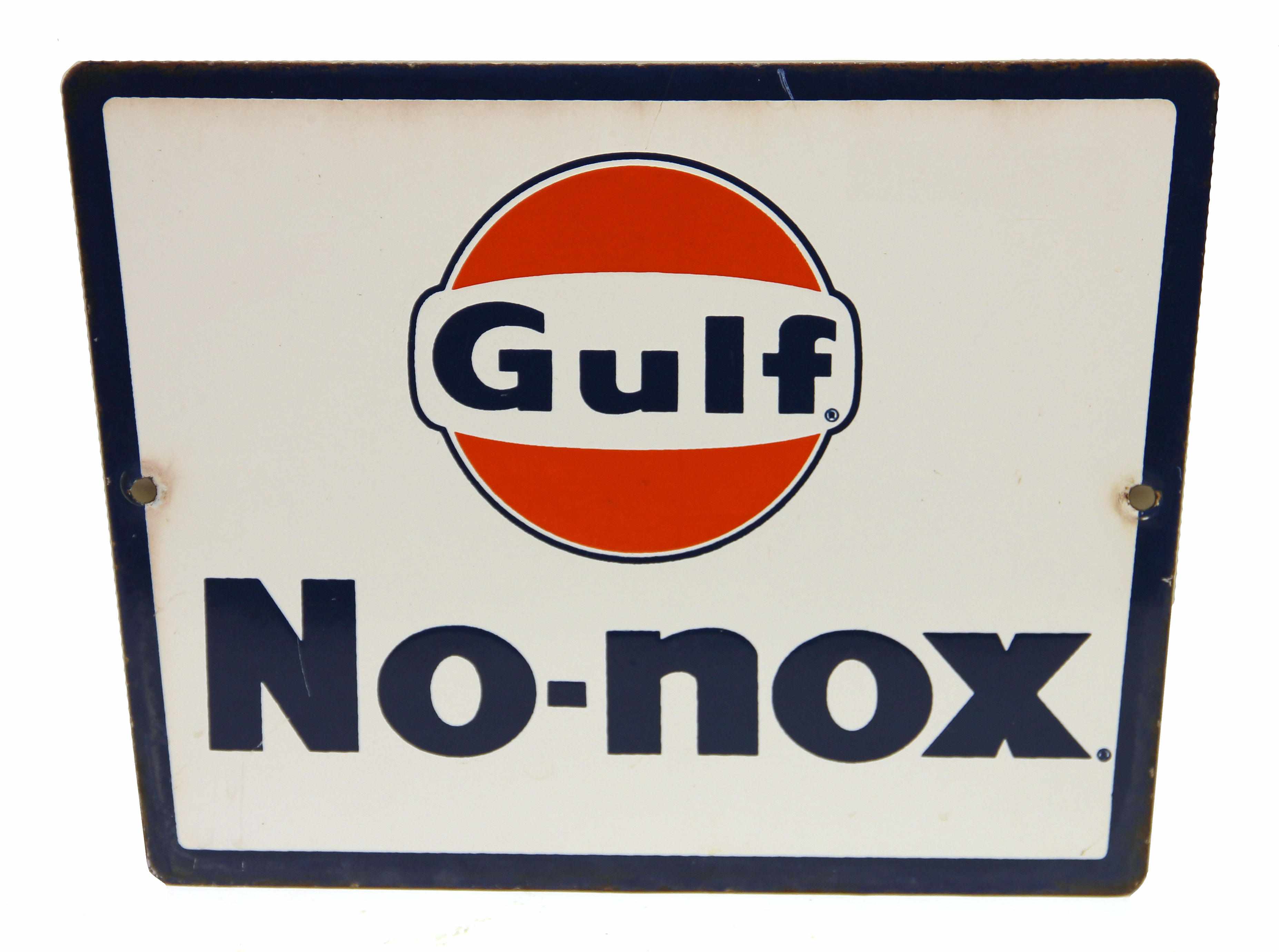 Appraisal: A Gulf ''No Nox'' pump plate white blue and orange