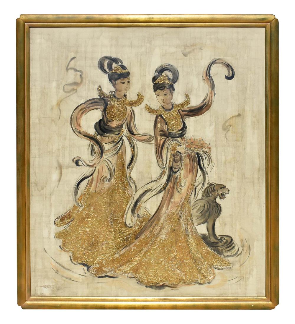 Appraisal: MID-CENTURY CHINESE INSPIRED PAINTINGOil and gilt depicting two elaborately dressed