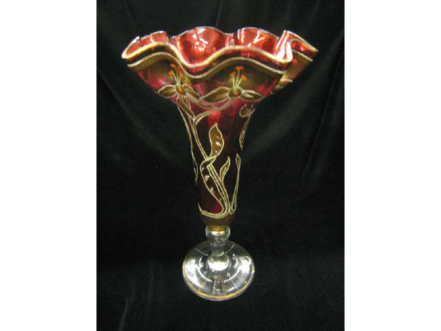 Appraisal: Victorian Cranberry Art Glass Vase ruffle trumpet form elaborate gold