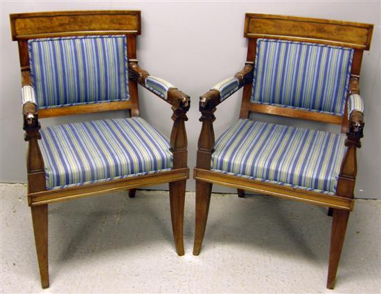 Appraisal: Pair of French Empire style mahogany armchairs with upholstered backs