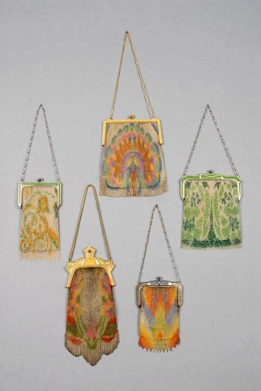 Appraisal: FIVE WHITING and DAVIS PAINTED METAL MESH PURSES EARLY th