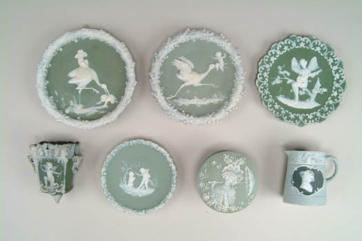 Appraisal: SEVEN PIECES OF GREEN AND WHITE JASPERWARE Lot includes two