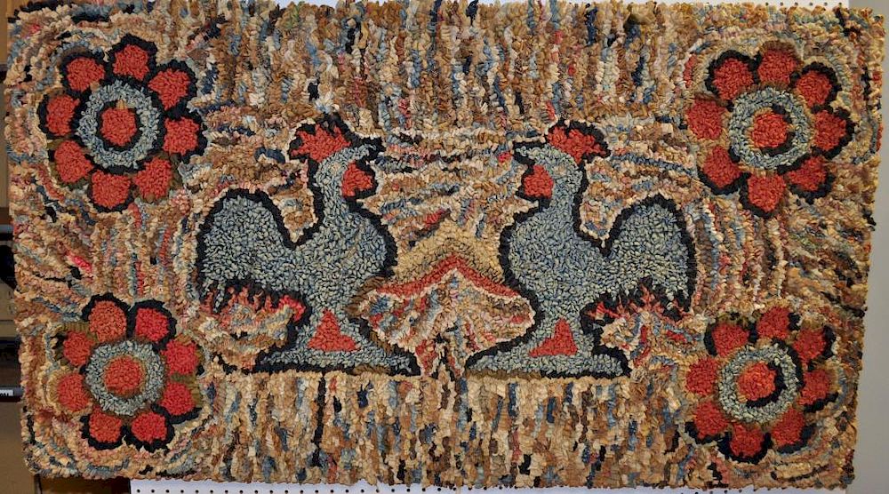 Appraisal: American Folk Art Pictorial Hooked Rug depicting two blue roosters