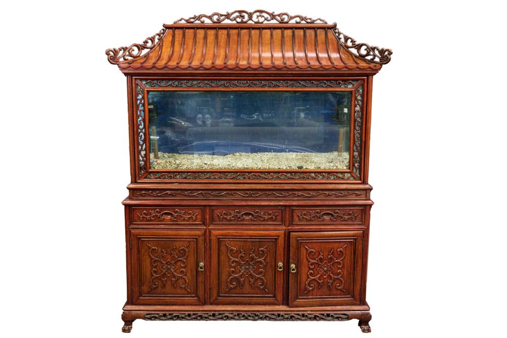 Appraisal: CHINESE PAGODA STYLE AQUARIUMwith lifting top over three drawers above