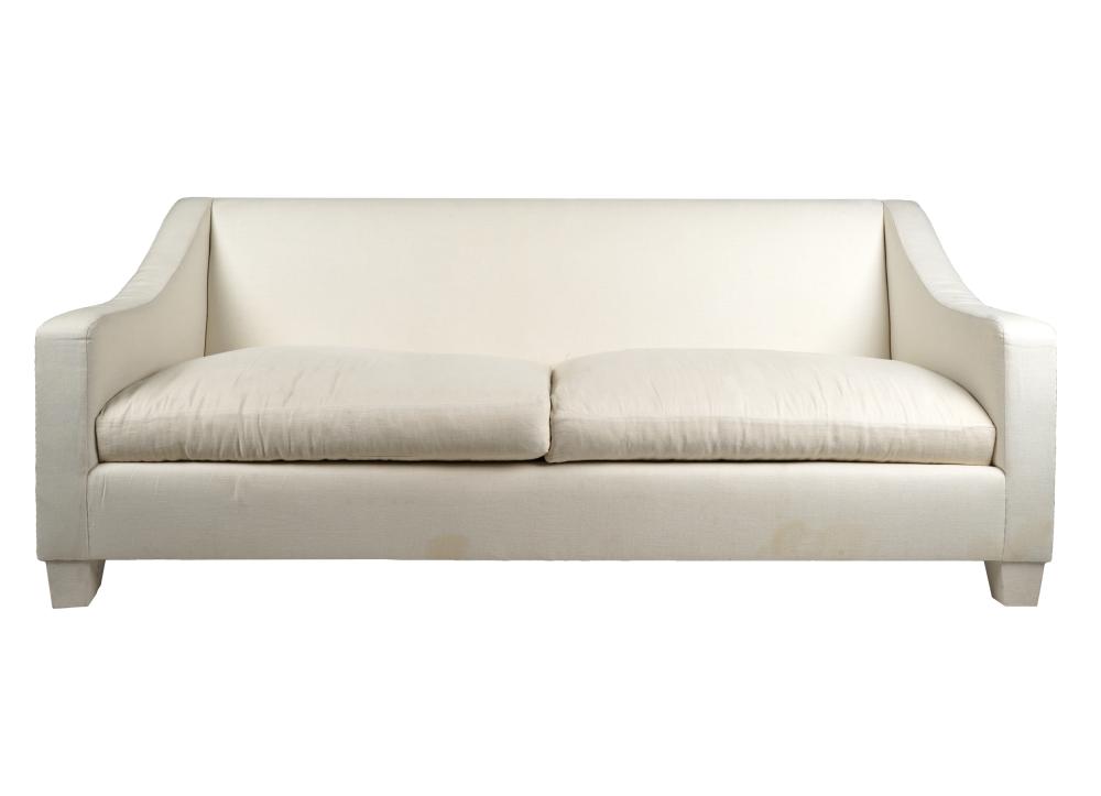 Appraisal: UPHOLSTERED SOFAunsigned covered with white linen fabric inches wide inches