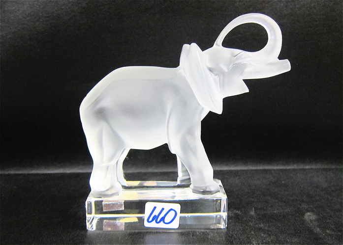 Appraisal: LALIQUE CRYSTAL ELEPHANT FIGURE frosted on clear crystal base signed