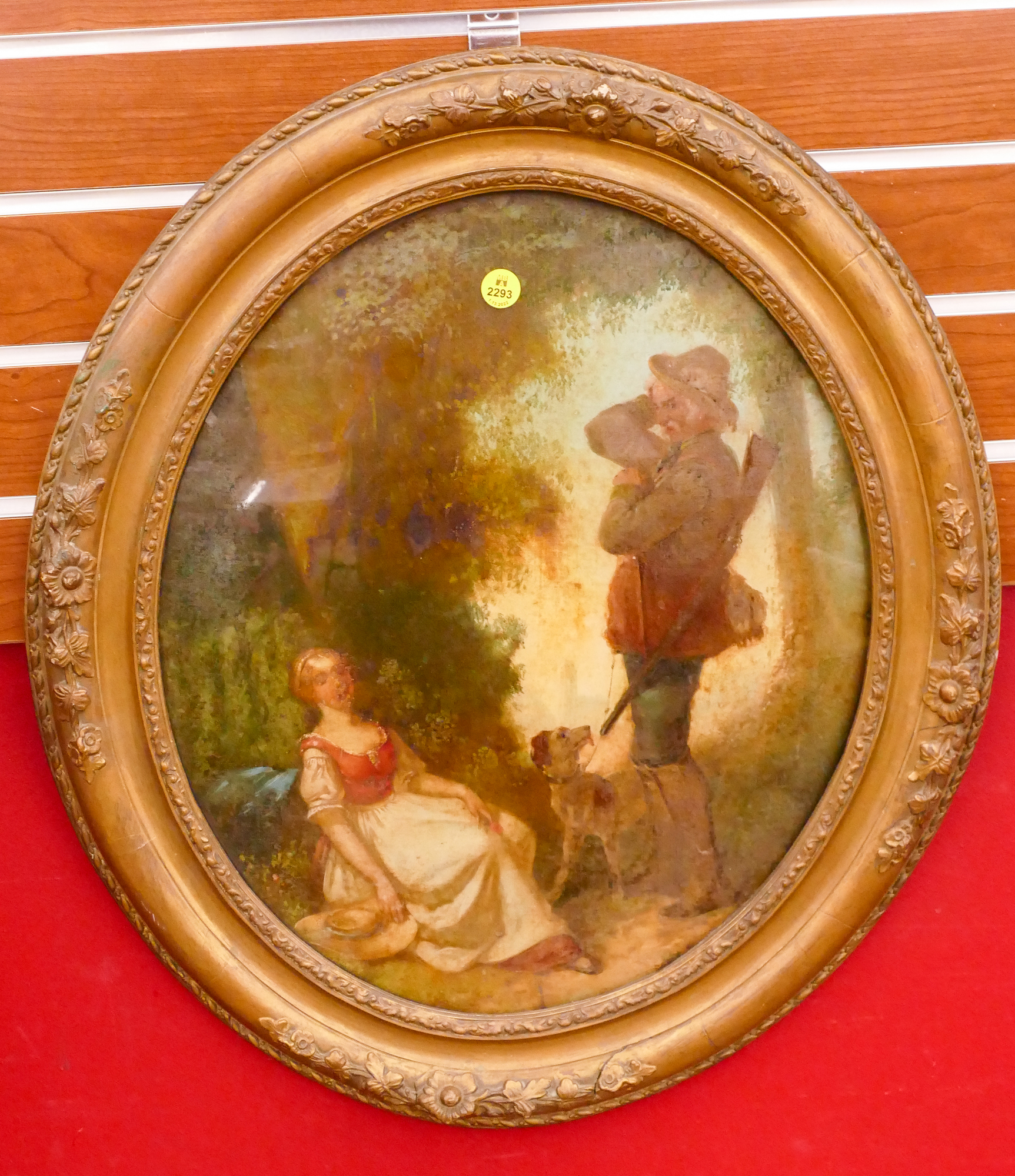 Appraisal: Antique European Hunter and Maiden Convex Glass Oil Painting- Oval