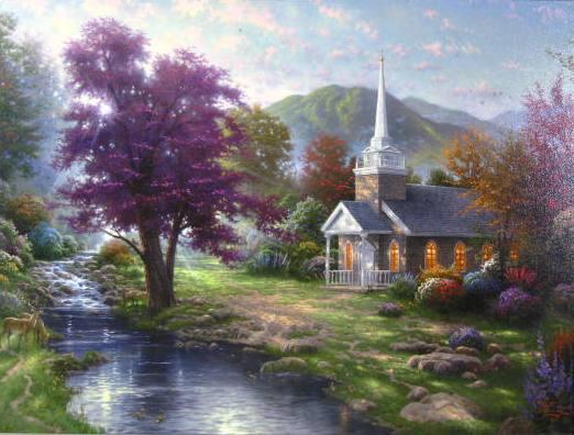 Appraisal: Thomas Kinkade Streams of Living Water Chapels print on canvas