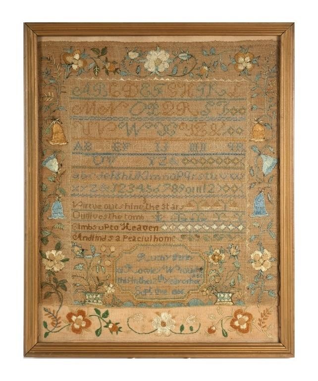 Appraisal: Embroidered Needlework Sampler on linen dated or framed h x