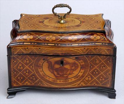 Appraisal: GEORGE III-STYLE MARQUETRY INLAID MAHOGANY TEA CADDY Of oblong serpentine