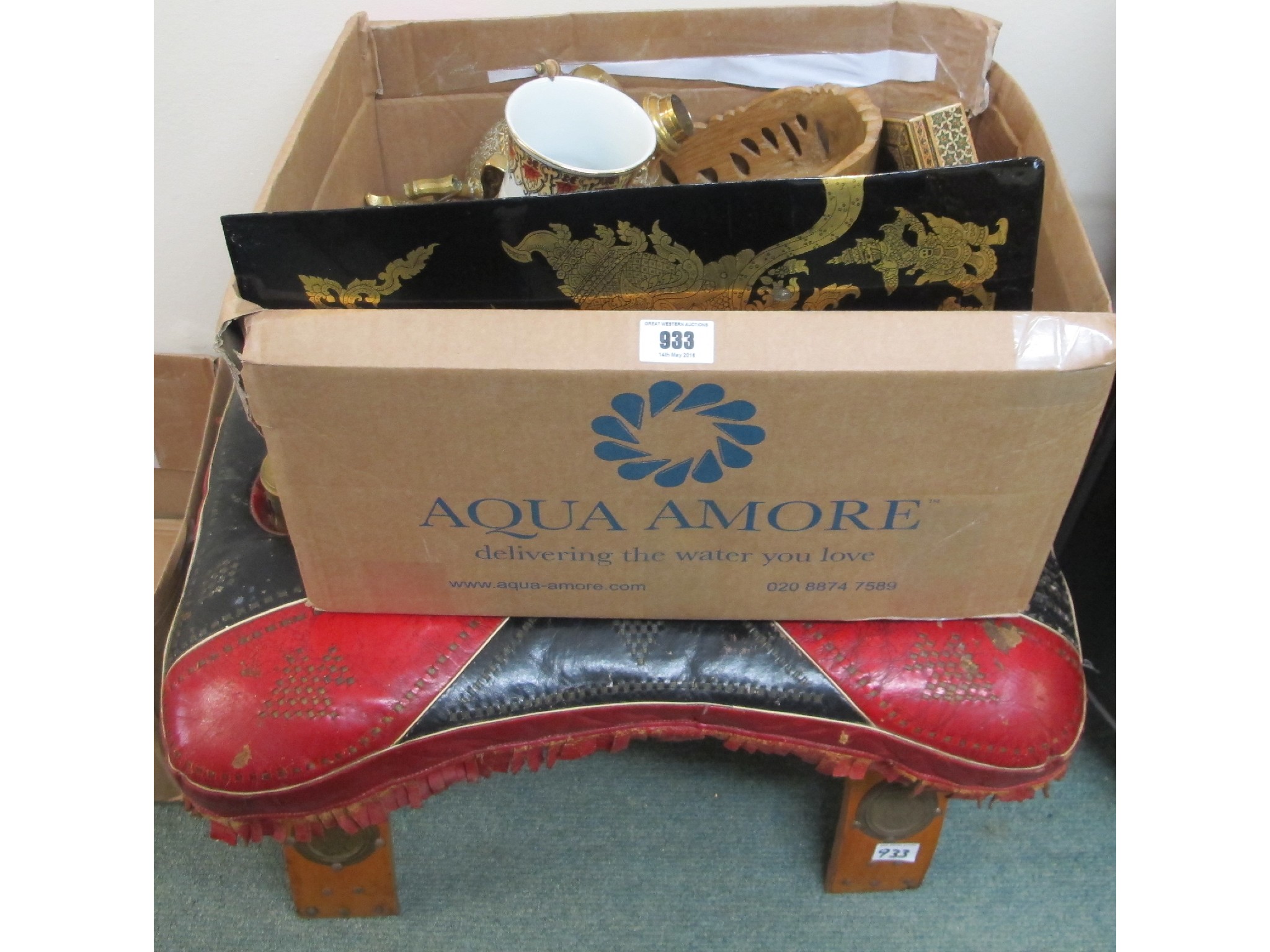 Appraisal: A camel stool and a box of brassware