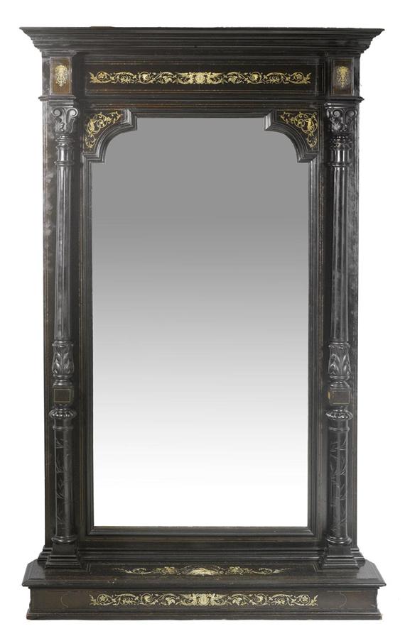 Appraisal: LARGE TRUMEAU MIRROR Historicism Italy th cent Ebonized wood with