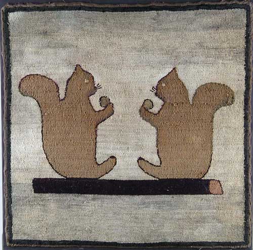 Appraisal: FOLK ART SQUIRREL HOOKED RUG Square rug mounted to stretcher