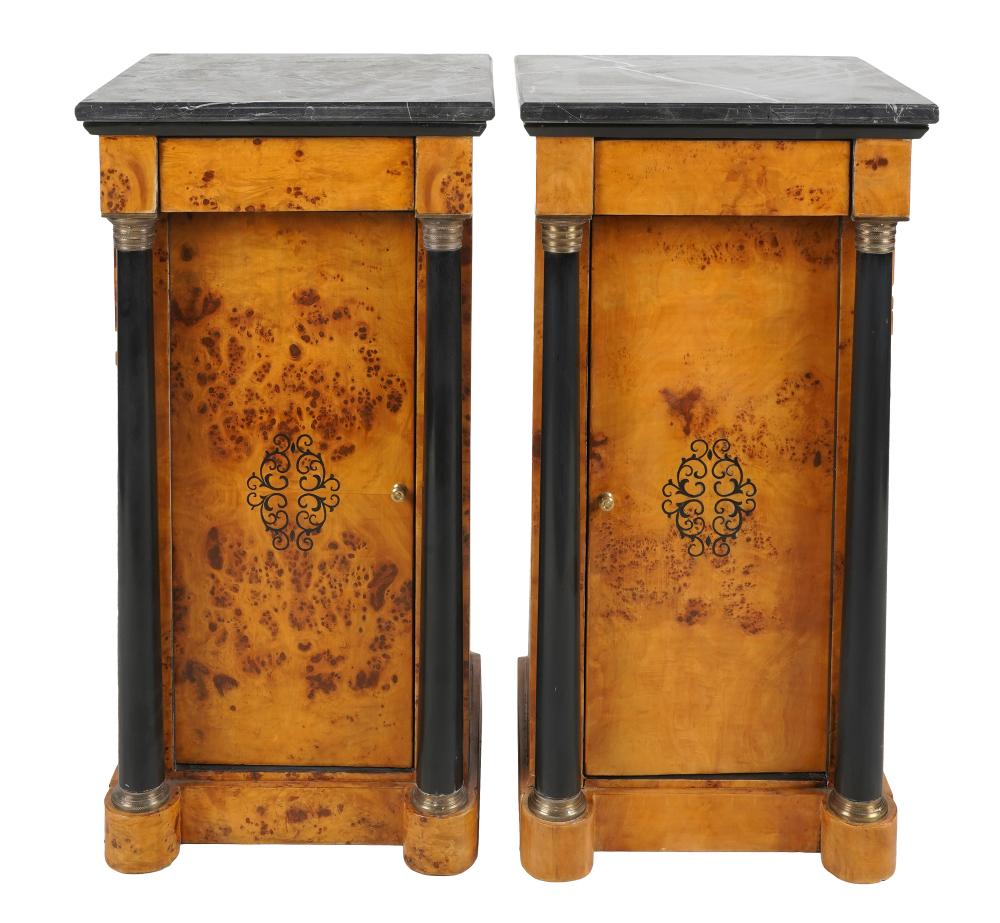 Appraisal: PAIR OF EBONIZED NIGHTSTANDS th century black marble tops and