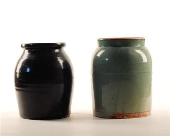 Appraisal: Two Stoneware Crocks on with a green glaze and red