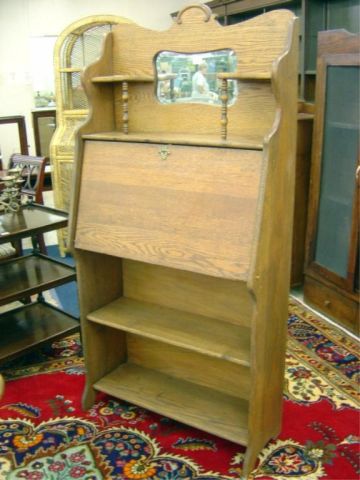 Appraisal: OAK DROP FRONT SECRETARY W BEVEL MIRROR