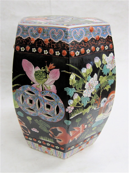 Appraisal: CHINESE FAMILLE NOIRE PORCELAIN GARDEN STOOL Chinese export of hexagonal