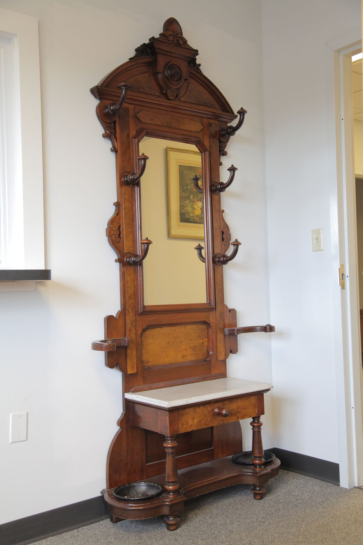 Appraisal: VICTORIAN HALL TREE American late th century Walnut with burlwood