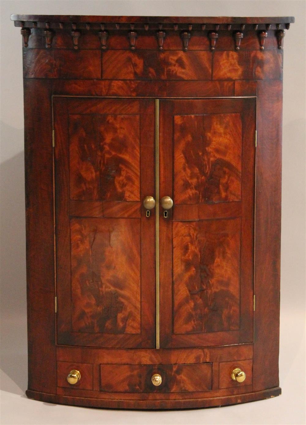 Appraisal: ENGLISH REGENCY INLAID MAHOGANY HANGING CORNER CUPBOARD ca having a