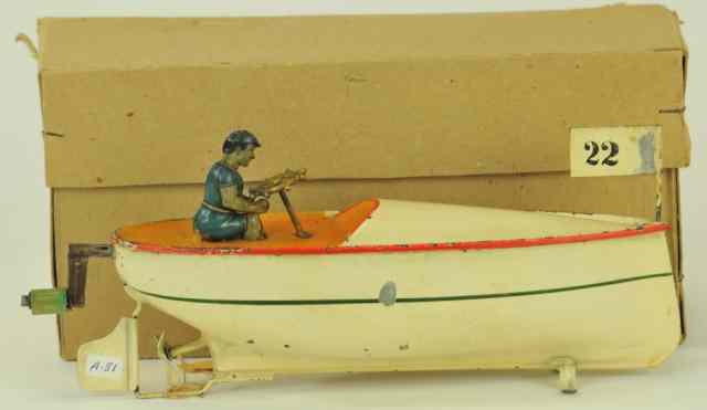 Appraisal: ARNOLD BOXED SPEEDBOAT Germany c hand painted tin done in