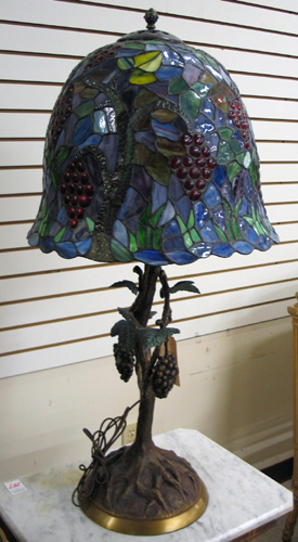 Appraisal: GRAPE MOTIF LEADED GLASS AND PATINATED BRONZE TABLE LAMP the