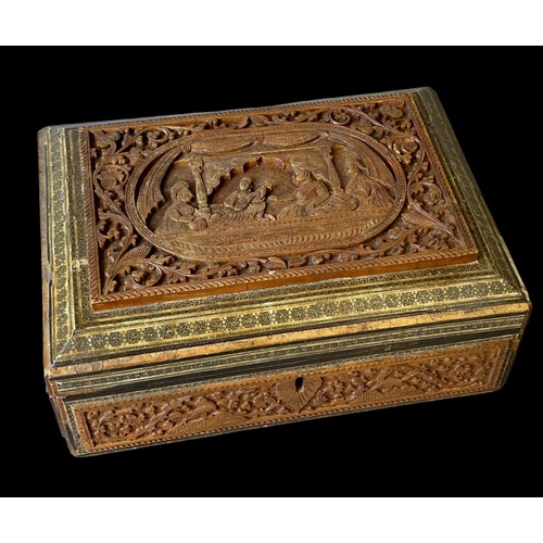 Appraisal: A th-century Anglo Indian carved Sadeli box Central scene depicting