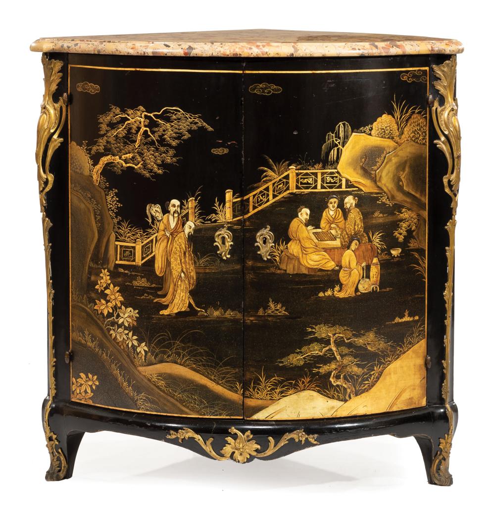 Appraisal: Antique French Bronze-Mounted Chinoiserie Encoignure shaped breche d'Alep marble top