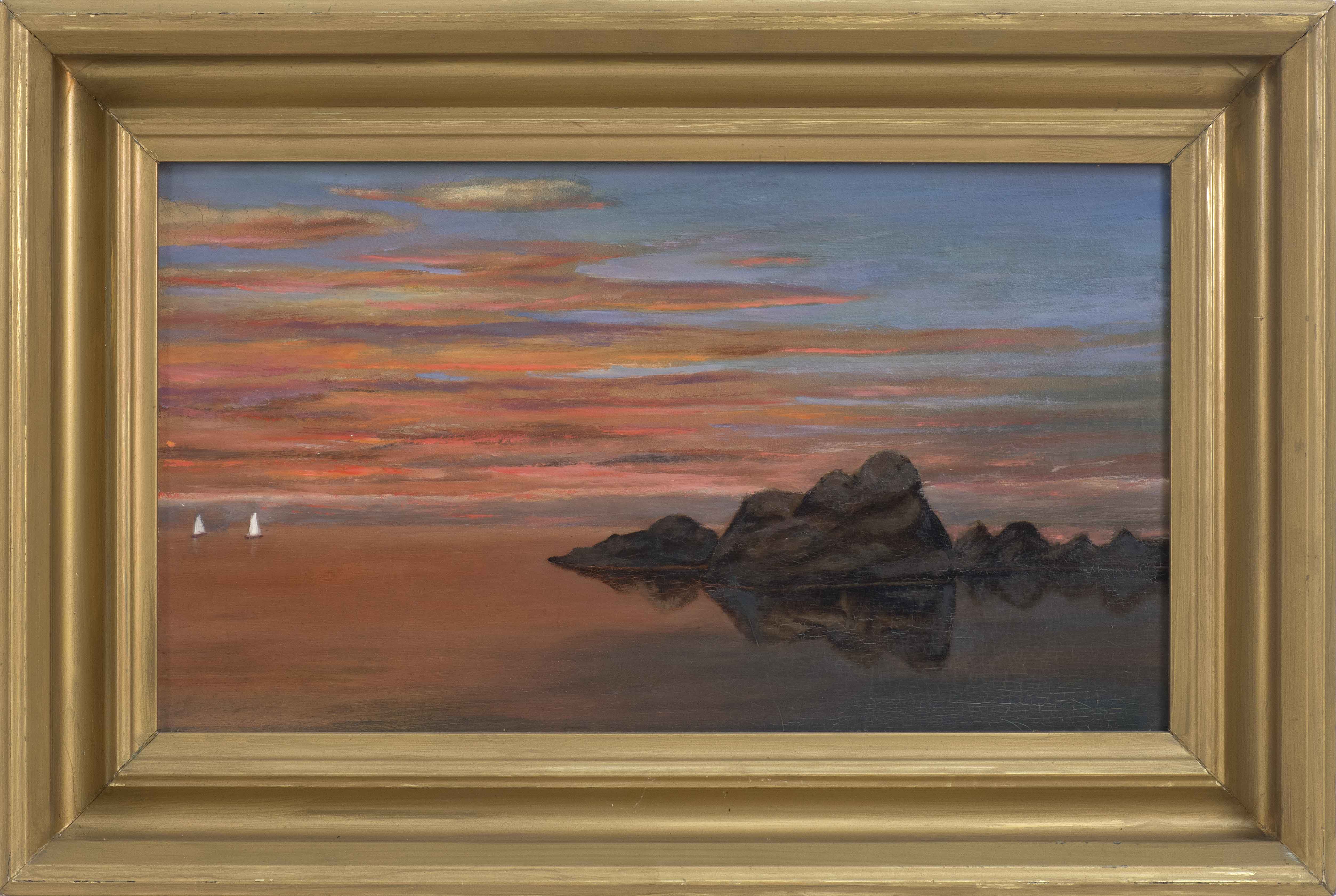 Appraisal: FRAMED PAINTING ARTIST UNKNOWN Two sailing vessels off a rocky