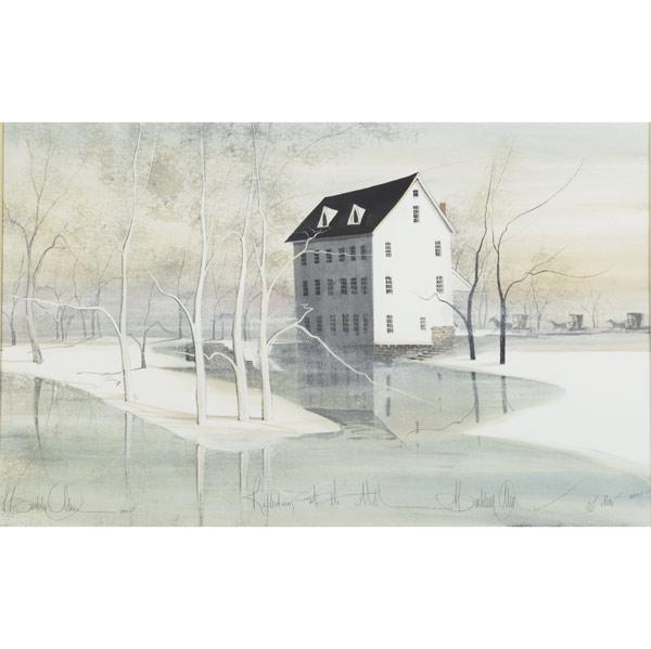 Appraisal: ARTWORK GROUPING Watercolor of barn signed Ramsey artist signed etching