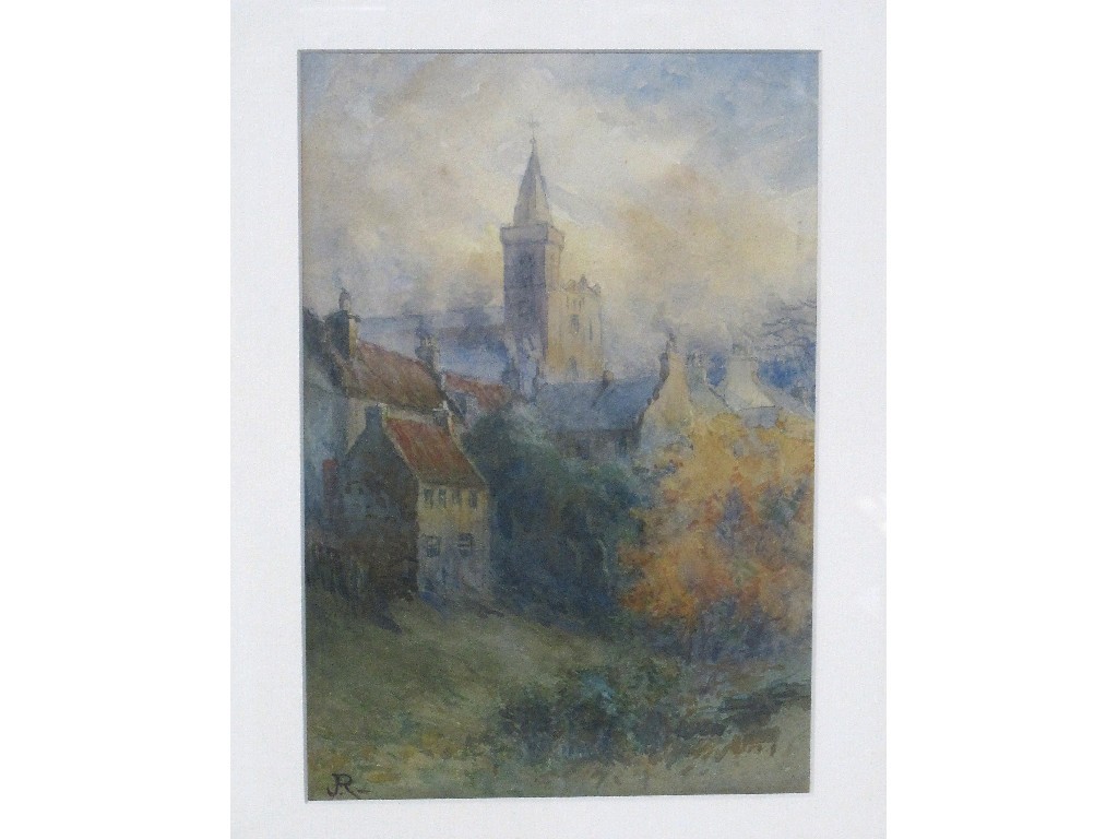 Appraisal: Watercolour of a town with a church monogrammed JR lower