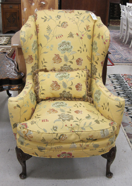 Appraisal: QUEEN ANNE STYLE WINGBACK ARMCHAIR American th century with yellow