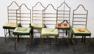 Appraisal: Gilt Wrought Iron Dining Chairs Set of With tie-on needlework