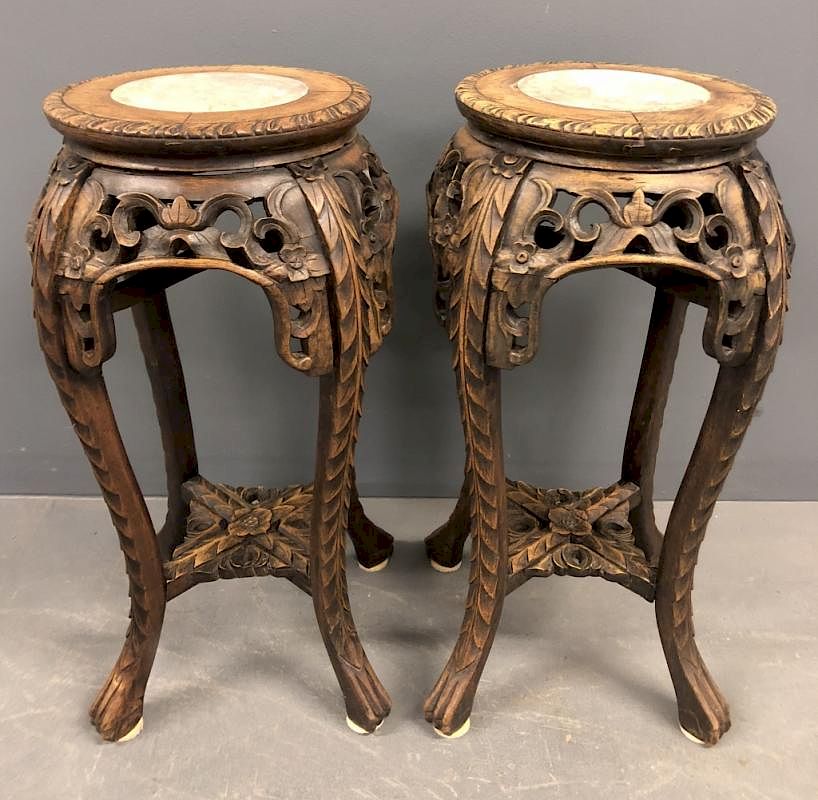 Appraisal: Pair of Asian Wooden Carved Marble Top Stands Pair of