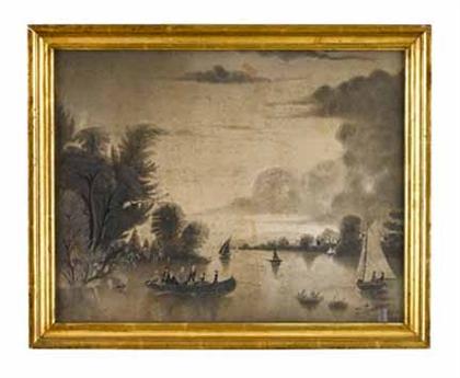 Appraisal: American School th century landscape with river and canoe Unsigned