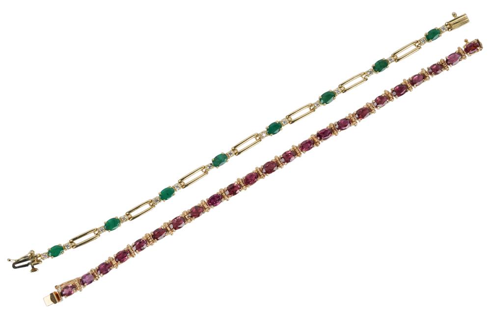 Appraisal: TWO KARAT YELLOW GOLD GEM-SET LINE BRACELETSone containing eight oval