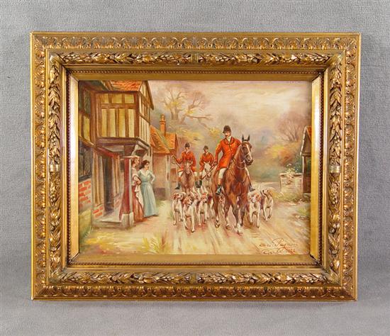 Appraisal: Oil on Canvas Fox Hunting Scene Fox hunters riding through